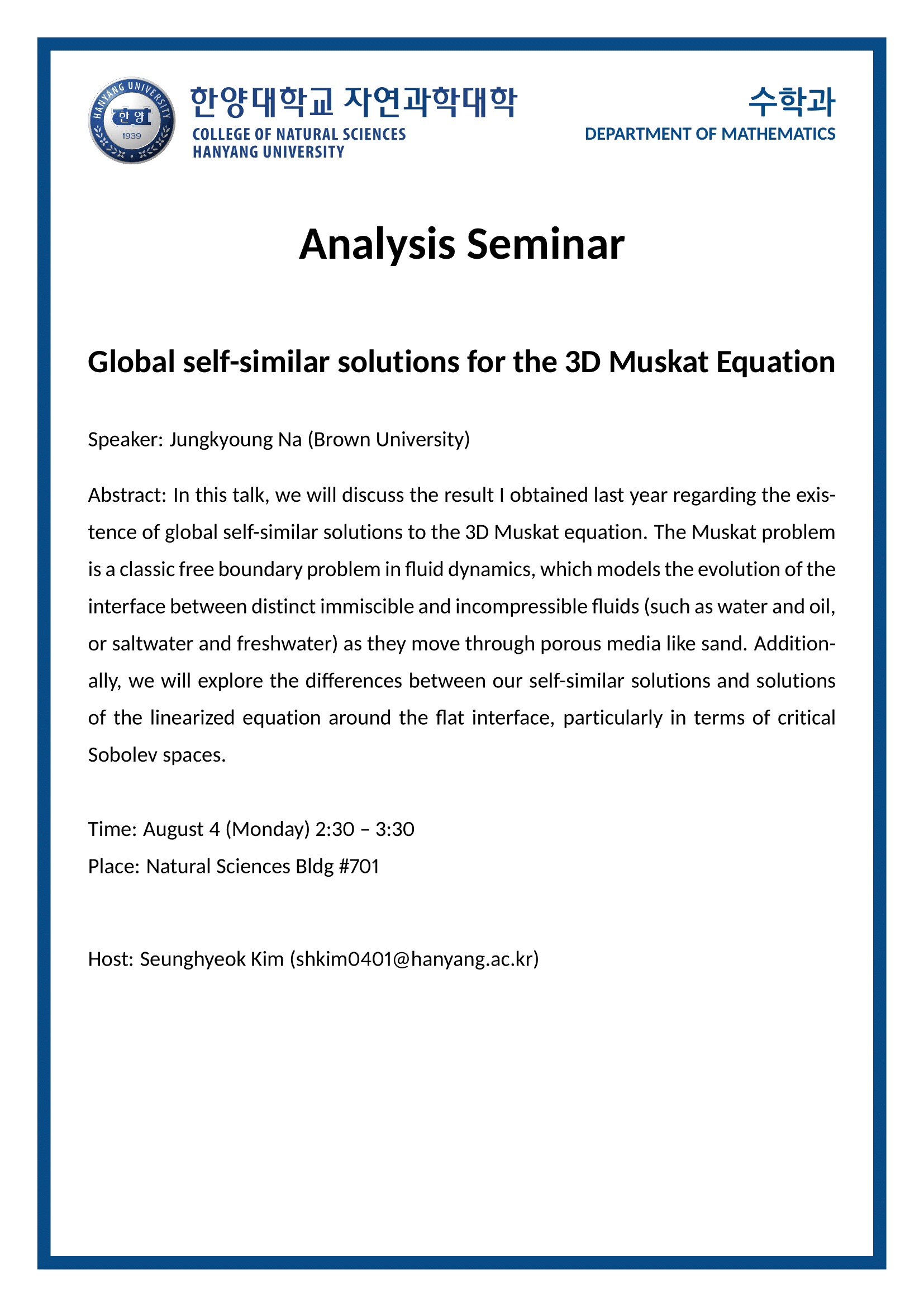 [세미나] Global self-similar solutions for the 3D Muskat Equation