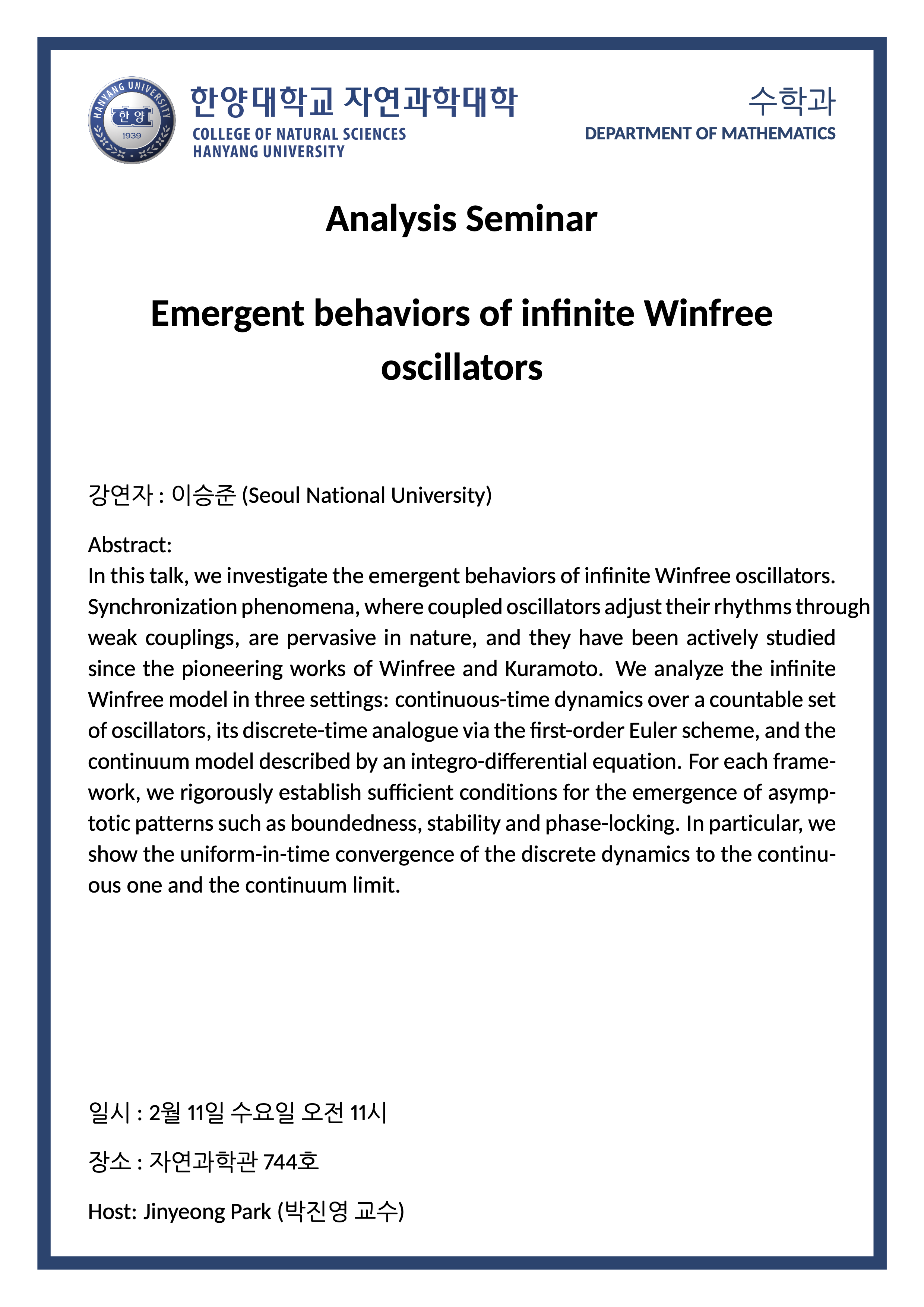 [세미나] Emergent behaviors of infinite Winfree oscillators